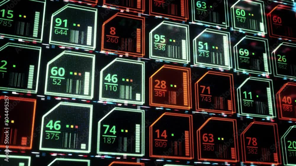 Poster close up of an abstract circuit board with colorful microchips, seamless loop. animation. technology