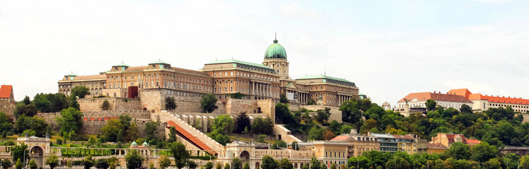 Fototapeta premium Budapest, Hungary sights Buda castle Royal Palace and city banner beautiful panoramic view of Buda from Pest