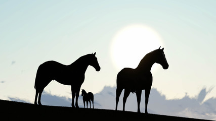 horses Landscape at Sky Background 3D Rendering