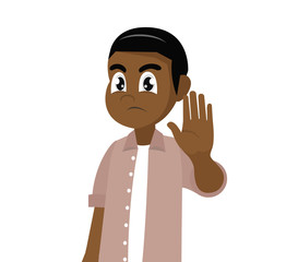 Cartoon character, Serious African man shows stop gesture.