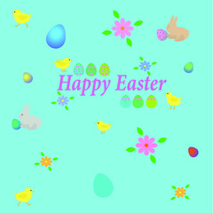 Easter card with festive elements on blue backround.