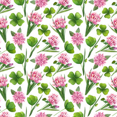 Watercolor seamless pattern with clover flowers and leaves. Bright floral isolated background.