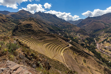 Terraces of Pisac in Urubamba valley near Cusco, Peru.