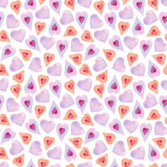 Watercolor seamless pattern with hearts on the white background. Gentle pattern for romantic decor.