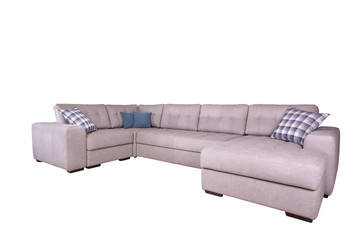 Angular large light sofa made of material, with fiber cushions