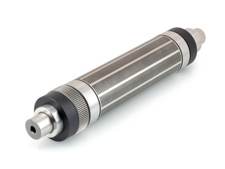 Magnetic cylinder for die cut on rotary printing press isolated on white background with shadow reflection. Cylinder for flexo rotary die cutting on in-line press machine with clipping path.