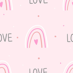 Rainbow hand drawn kids seamless pattern for print, textile, fabric. Modern kids cute girly background.