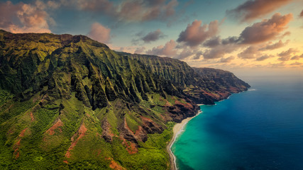 Aerial landscape view of spectacular Na Pali coast with dramatic sky, Kauai © Martin M303