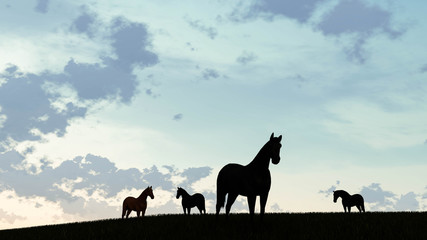 horses Landscape at Sky Background 3D Rendering