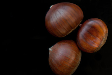 Edible chestnuts isolated on black background.