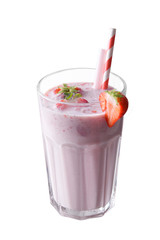 Strawberry protein shake on a white isolated background. Fresh milkshake with strawberries . A glass of strawberry smoothie.