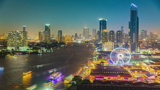4K 3840 Timelapse, Cityscape at night, Many modern building is the center of business communication downtown at night. wealth of business concept. aerial abstract background with HRD effect filter.