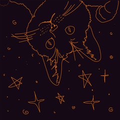 Naklejka premium Line art orange cat and night sky for halloween