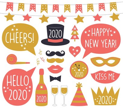 New Year party photo booth props and speech bubbles set