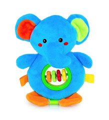 Cute elephant rattle doll with plastic rings isolated on white background with shadow reflection. Playful colorful elephant sitting on white underlay. Elephant plush stuffed puppet. Jumbo plushie toy.