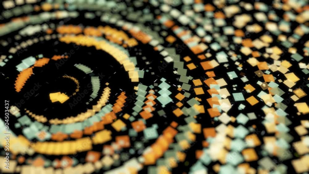 Poster abstract golden squares placed in many circles one inside another on black background, seamless loop
