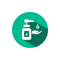 Sanitizer soap icon with shadow on a green circle. Vector pharmacy illustration