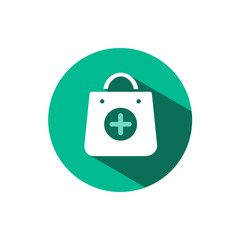 Shopping pharmacy bag icon with shadow on a green circle. Vector pharmacy illustration