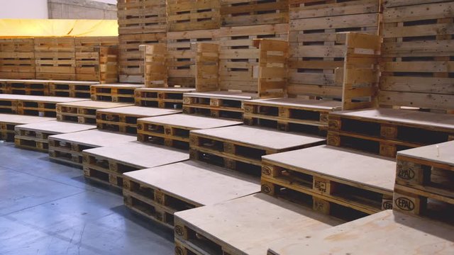 many empty pallets stored in warehouse