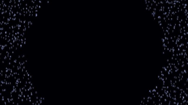 Abstract counting numbers, time and code information on black background. Animation. Many numbers moving towards the center of the display.
