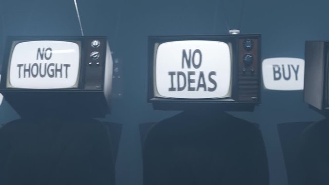 People with Vintage Television Heads Displaying Obedience Commands