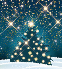 Christmas tree with many lights in night winter landscape, illustration