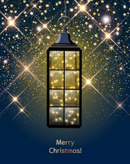Christmas lantern with LED string with stardust on dark blue sky, illustration
