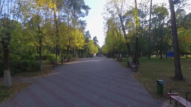 Aerial view of a walkway in a recreation park in the countryside in the suburbs. A drone span between trees in a city park. Resting-place. Treadmill