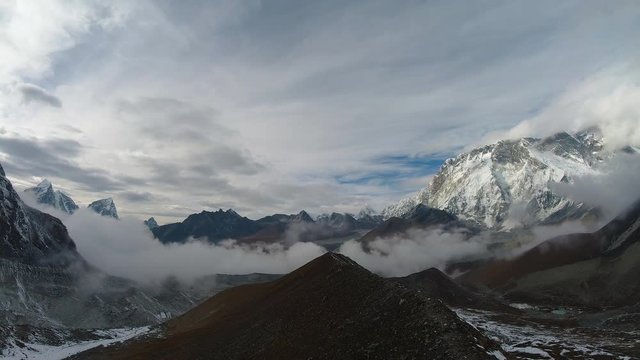 Nuptse and Lhotse Mountains. Himalaya, Nepal. Time lapse