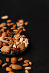 Different nuts and spices. Natural organic products for healthy lifestyle. Vegetarian food concept.  Raw almond, cachou, walnut, hazelnut, pistachio. Black background, closeup, copy space for text