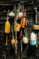 Colorful buoys tied to the side of old Fishing Shack