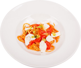Pasta with Tomato Sauce and Mozzarella on white plate.