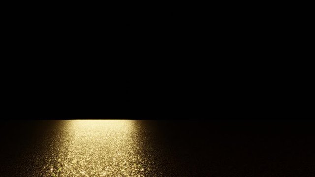 big bright light shining on golden glitter on a black stage, light moves across the floor from side to side, presentation background, 4k loop