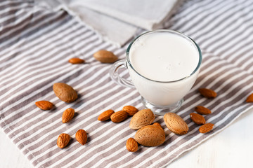 Fresh organic vegan almond milk. Alternative source of protein for vegetarians. Raw almonds, peeled and unpeeled to illustrate ingredients. Concept of healthy lifestyle. Closeup, white background.