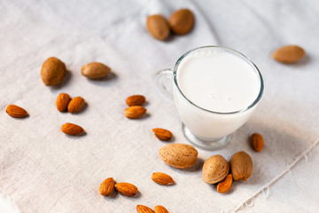 Fresh organic vegan almond milk. Alternative source of protein for vegetarians. Raw almonds, peeled and unpeeled to illustrate ingredients. Concept of healthy lifestyle. Closeup, white background.