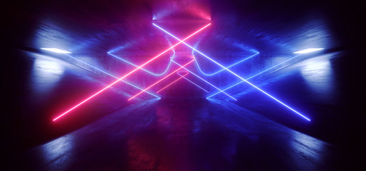 Sci Fi Futuristic Virtual Neon Laser Triangle Shaped Lines Glowing Purple Blue Tunnel Corridor Concrete Cement Asphalt Dark Night Stage Cyber 3D Rendering