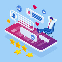 Isometric businessman or social media consultant communication, dialog, conversation on an online forum and internet chatting, SMS messages, reviews