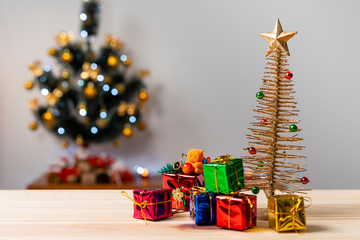 Christmas decoration over wooden table. Christmas blurred background.