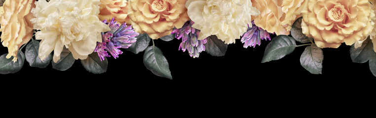 Pastel yellow roses, purple hyacinth, white peony isolated on black background. Border floral banner, cover header with copy space. Natural flowers wallpaper or greeting card.