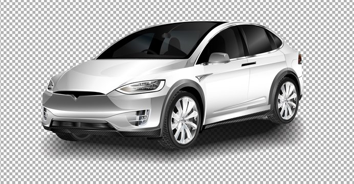 BERLIN - NOVEMBER 09, 2016: Showroom. The full-sized, all-electric, luxury, crossover SUV Tesla Model X. vector illustration on transparent background, racing exclusive car with realistic shadow