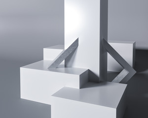 Podium, exhibition pedestal - 3d render illustration. Stand for bend cosmetic products. Geometric figures - architectural composition. Stylish trending advertising base podium cubes.
