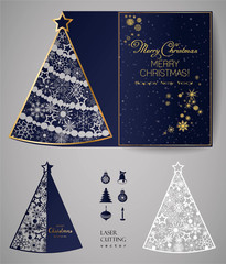 Laser cut template for Christmas cards, square invitation for party with Christmas tree cutout of paper. - 304511457