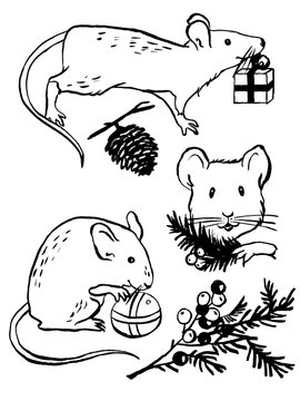 mouse happy  new year illustration black and white