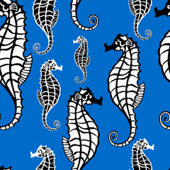 seamless pattern with a blue background, the image of black and white seahorse