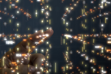 Businessman pressing document icon over computer binary code