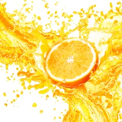 Foto op Aluminium Orange juice splashing with its fruits isolated on white background © lotus_studio