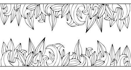 Line drawing leaf and waves on white background. Floral frame and border. Good for coloring book pages, cards, greetings.
