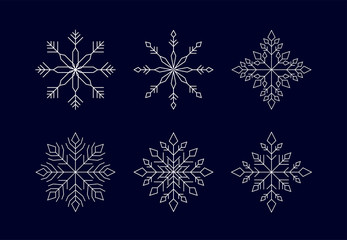 Set of white geometry snowflakes on dark blue horizontal background. Isolated winter icons.