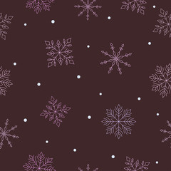 Fototapeta na wymiar Light pink snowflakes and white shapes on maroon background. Seamless winter pattern.