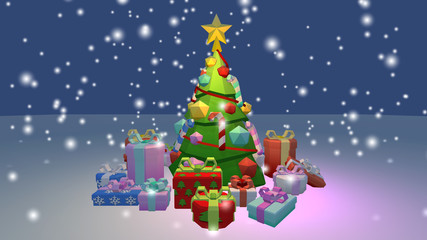 Christmas Scene in 3D, fuchsia light, gifts, snowflakes, low poly